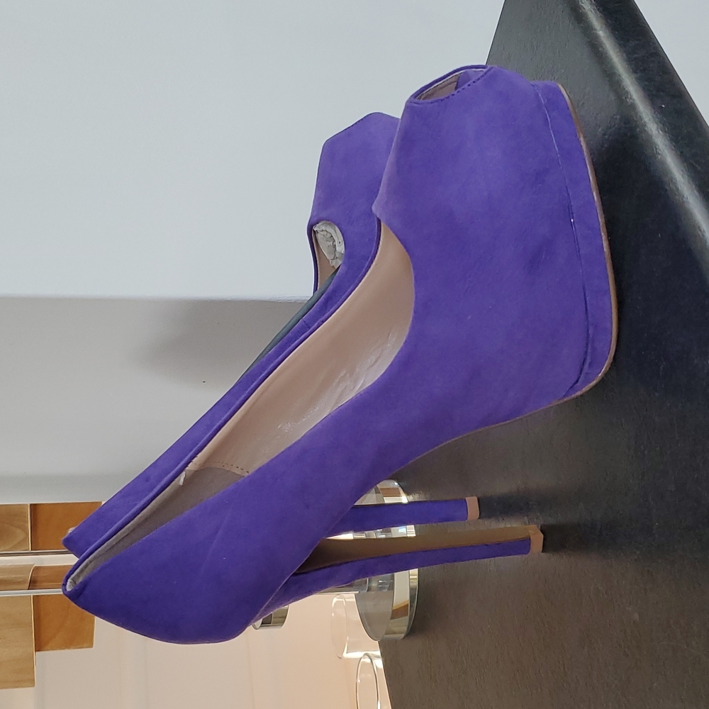 Purple platform peep toe heels